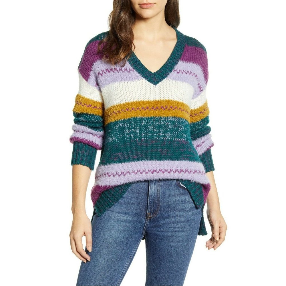 Lush Women Green Purple Stripe V-Neck Sweater
